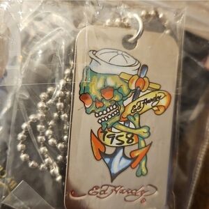 Ed Hardy Silver Dog Tag Pendant with Multicolor Skull & Anchor Art